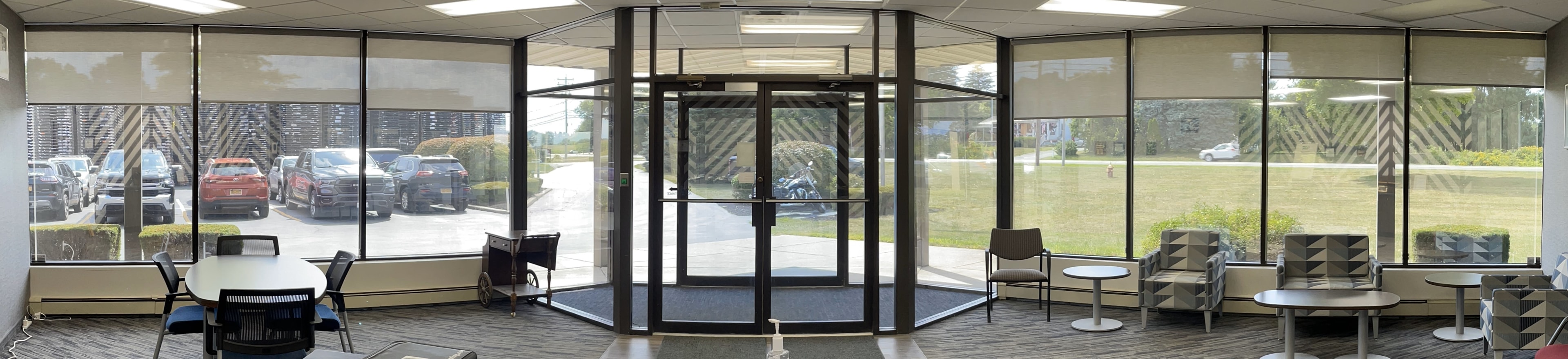Modern office lobby with glass entrance